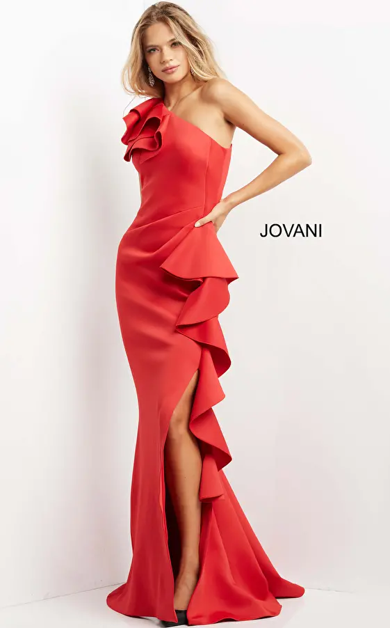Jovani 06603 Red One Shoulder Ruffle Evening Dress